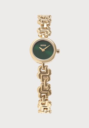Orologio da polso color oro con quadrante rotondo verde, lancette dorate e bracciale a maglie, con marchio BOSS sul quadrante.