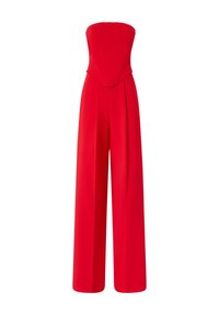 Mono rojo sin mangas con un cuerpo ajustado, piernas anchas y textura suave. Presenta líneas limpias y una silueta ajustada.