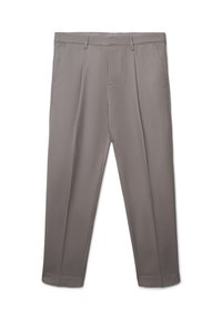 Pantaloni grigi su misura con una texture liscia, dotati di pieghe frontali, tasche laterali e una silhouette affusolata. Nessun motivo o accenti visibili.