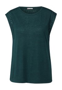 Teal groene短丈 mouwen top gemaakt van zachte stof, met eyelet accenten op de schouders en een ontspannen pasvorm. Glad textuur doorheen.
