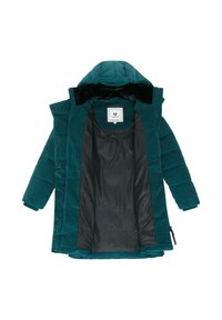 Teal kordjacka med huva, med svart foder och dragkedja framtill. Inkluderar en etikett inuti och ribbade ärmslut.