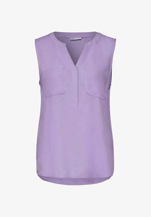 Mouwloze paarse blouse met een V-hals, twee voorzakken en een rechte zoom. Gemaakt van een soepele stof met een lichte, luchtige textuur.