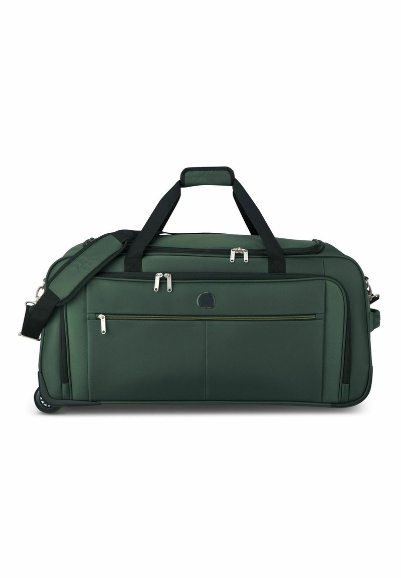 Borsa da viaggio verde con ruote realizzata in tessuto resistente, dotata di due tasche con zip, tracolla regolabile e manici robusti per un facile trasporto.
