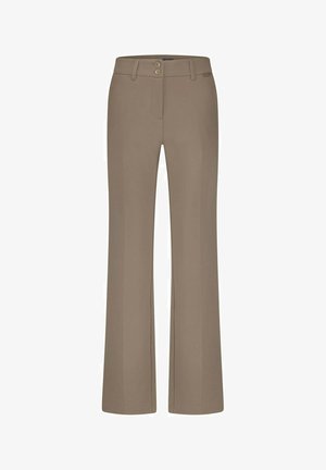 Beige rechte pijpenbroeken met een gladde textuur, twee knopen aan de voorkant en riemlussen. Bevat een lichte elasticiteit voor comfort.