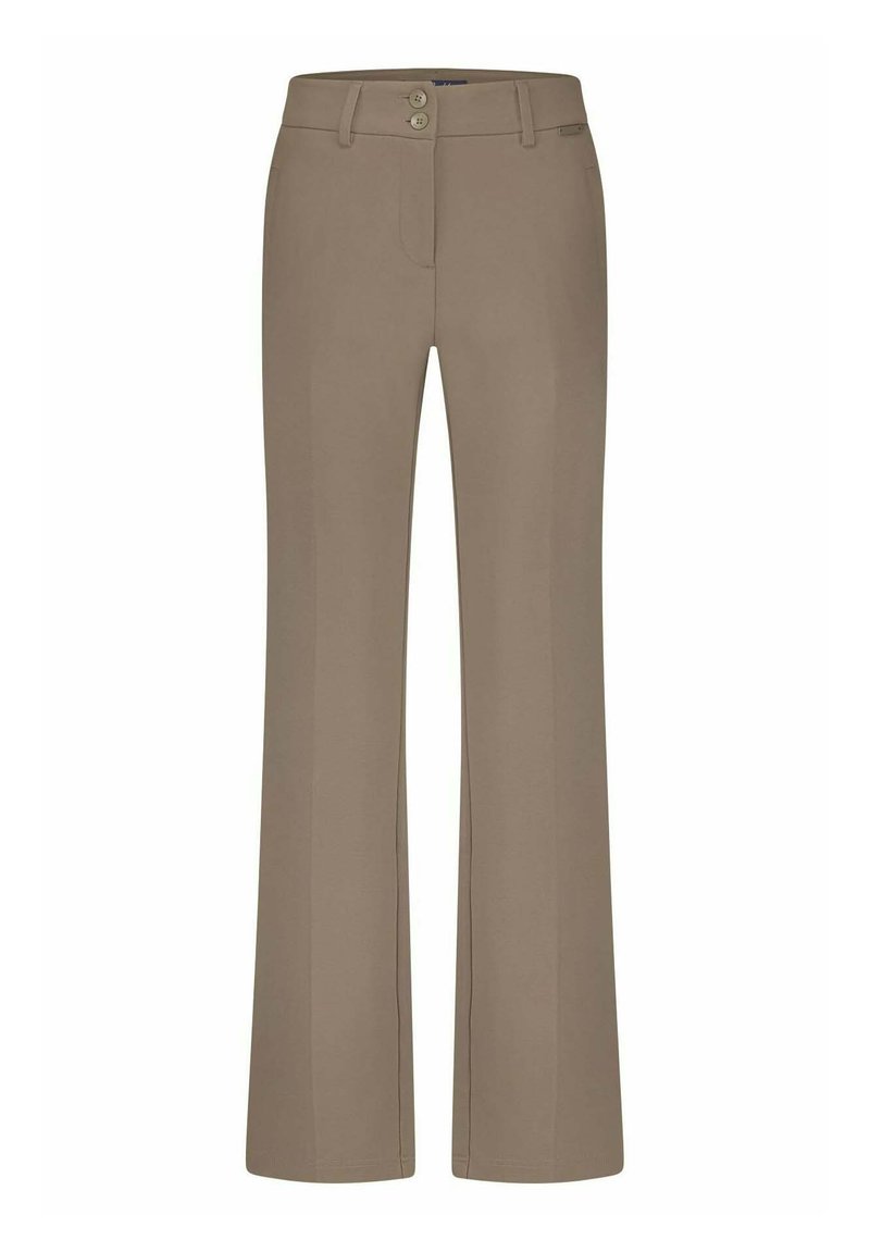 Beige rechte pijpenbroeken met een gladde textuur, twee knopen aan de voorkant en riemlussen. Bevat een lichte elasticiteit voor comfort.