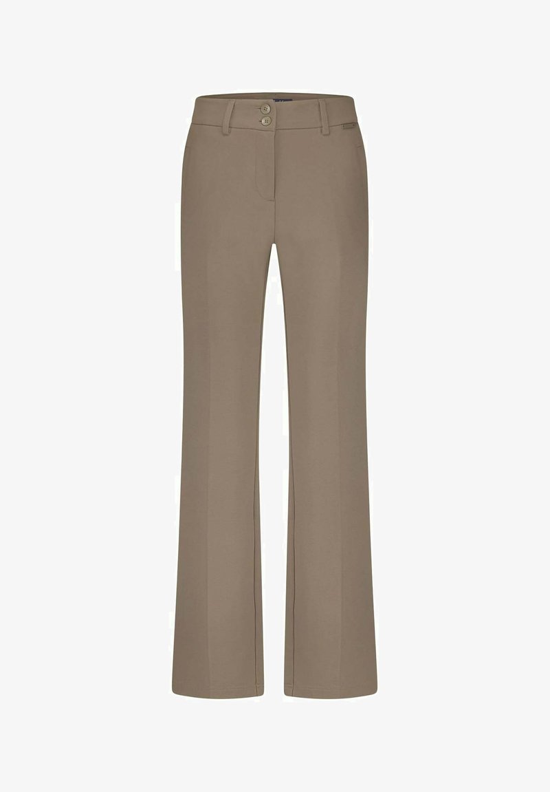 Beige rechte pijpenbroeken met een gladde textuur, twee knopen aan de voorkant en riemlussen. Bevat een lichte elasticiteit voor comfort.