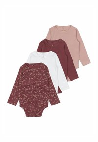 Fyra långärmade bodysuits i vinröd med blommotiv, vit och ljusbrun. Mjukt bomullsmaterial med tryckknappar i botten.