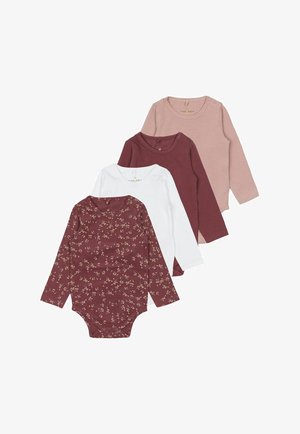 Vier langärmlige Bodysuits in Weinrot mit Blumenmuster, Weiß und Hellbraun. Weiches Baumwollmaterial mit Druckknopfverschlüssen am Boden.