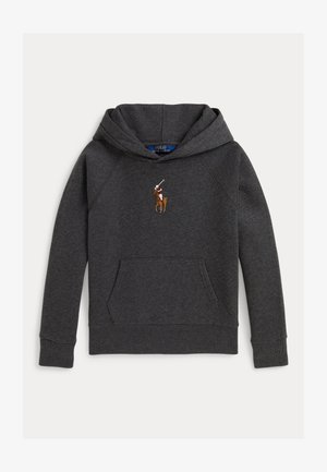 Charcoal grijze hoodie met een kangoeroezak, ribgebreide boorden en zoom. Voorzien van een geborduurd polo-speler logo op de borst. Zacht materiaal.