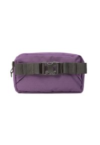 Lila Stofftasche in rechteckiger Form, ausgestattet mit einem schwarzen Plastikverschlussriemen und einer strukturierten Oberfläche. Mit Reißverschluss auf einer Seite.