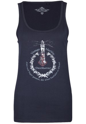 Camiseta sin mangas azul oscuro con un diseño náutico vintage que incluye un faro, ancla, corona y texto en alemán.