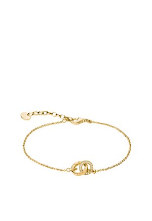 Delicaat gouden kettingarmbandje met twee in elkaar grijpende ringen, één simpel en één versierd met kleine heldere edelstenen, met een karabijnsluiting.