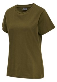 Olivengrøn T-shirt med korte ærmer lavet af blødt stof, med rund hals og en afslappet pasform samt syninger langs kanterne.