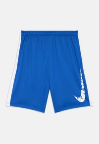 Kék sportnadrág fehér oldalsávokkal és egy torz fehér Nike logóval a jobb lábon, rugalmas derékkal.