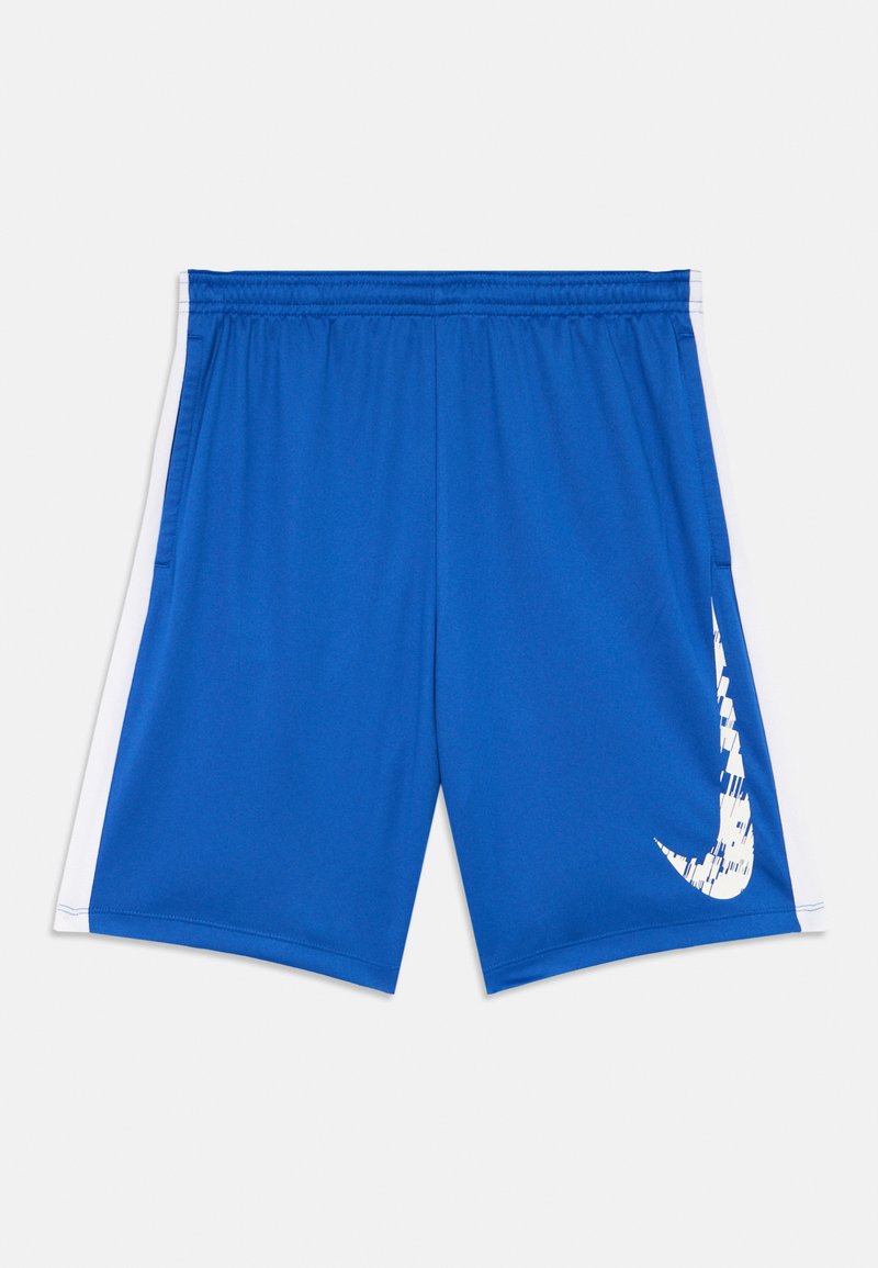 Kék sportnadrág fehér oldalsávokkal és egy torz fehér Nike logóval a jobb lábon, rugalmas derékkal.