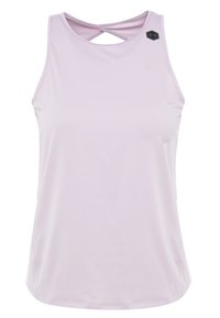Světlé fialové sportovní tílko vyrobené z hladkého, pružného materiálu. Má kulatý výstřih a design s křížovými ramínky. Obsahuje detail loga.