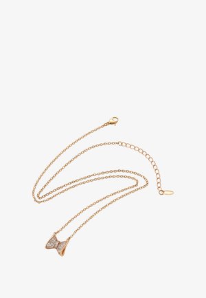 Gouden ketting met een vlinderoor pendant die is bezet met sprankelende stenen, met een delicate ketting en een karabijnsluiting.