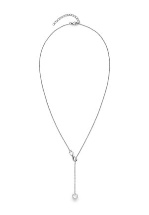 Delicate zilveren ketting met een oneindige lus en een hangende ketting die eindigt in een klein hartvormig hangertje met een heldere steen.