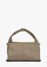 Mala od svijetlosmeđeg kože s teksturiranim završetkom, s gornjom drškom i zatvaranjem na zip. Jednostavni dizajn s minimalnim metalnim detaljima.