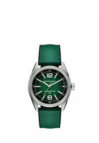 Michael Kors grüner Uhr mit einem strukturierten Gummiband, Edelstahlgehäuse und grünem Zifferblatt; verfügt über auffällige weiße Stundenmarker und Datumsanzeige.