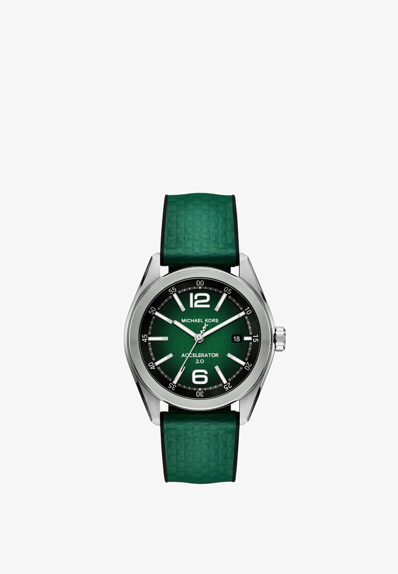 Michael Kors grüner Uhr mit einem strukturierten Gummiband, Edelstahlgehäuse und grünem Zifferblatt; verfügt über auffällige weiße Stundenmarker und Datumsanzeige.