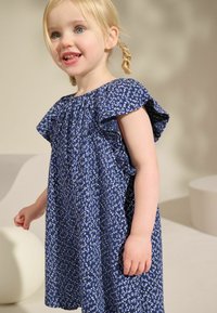 Robe bleue à motif avec des manches courtes évasées, présentant un design floral aux couleurs plus claires. Fabriquée en tissu léger, elle a une coupe décontractée.