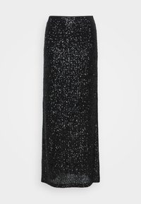 Zwarte maxi rok met pailletten in een aansluitende pasvorm, met een gladde textuur en een vloerlange stijl, die reflecterende versieringen toont.