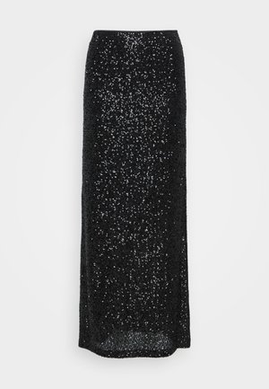 Black sequined maxi skirt with a fitted silhouette, featuring a smooth texture and a floor-length design, showcasing reflective embellishments.