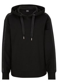 Sudadera negra hecha de una tela suave, con cordón ajustable y puntas metálicas, y paneles laterales brillantes. Corte estándar con puños acanalados.