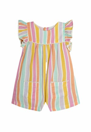Salopetă pentru copil mic cu dungi verticale pastelate în galben, roz, portocaliu, mentă și lavandă, având mâneci evazate și două buzunare frontale.