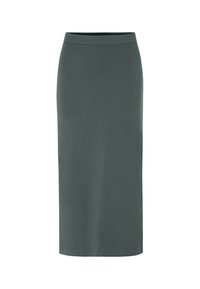 Jupe crayon verte foncée, longueur genou, avec une taille sans couture, fabriquée en tissu doux et extensible, offrant une texture lisse et mate.