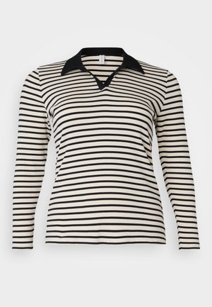Svart og kremstripet langermet polo skjorte med svart krage og V-hals, med en kroppsnær design og ribbet tekstur.