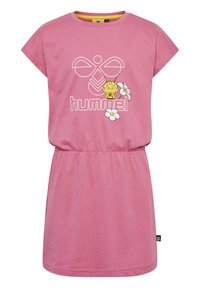 Rosenrobes Baumwollkleid mit kurzen Ärmeln, elastischem Bund, mit einem Bienenmotiv und einfachen Blumenmustern, runder Halsauschnitt, lässiger Stil.