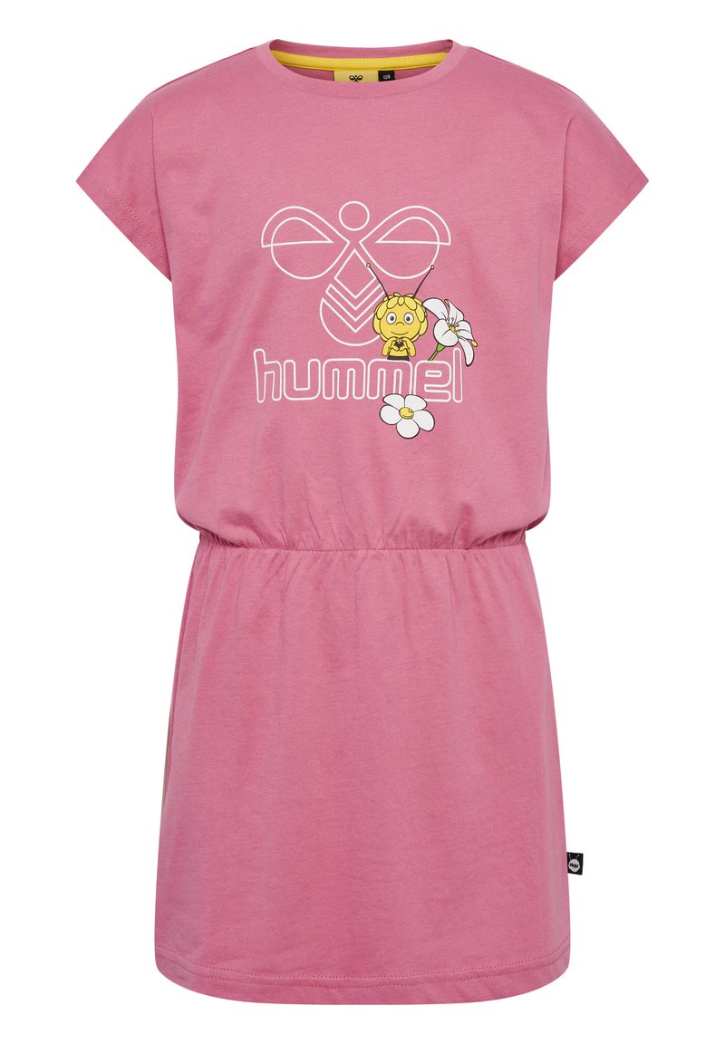 Rosenrobes Baumwollkleid mit kurzen Ärmeln, elastischem Bund, mit einem Bienenmotiv und einfachen Blumenmustern, runder Halsauschnitt, lässiger Stil.