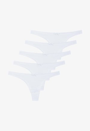 Cinque paia di perizomi bianchi in cotone con cinghie laterali strette, caratterizzati da un piccolo fiocco decorativo nella parte anteriore e da una texture morbida e liscia.