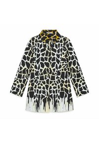 Cappotto fantasia giraffa in nero, bianco e giallo con colletto, maniche lunghe e vita regolabile con laccio. Tessuto liscio con motivo astratto a goccia.