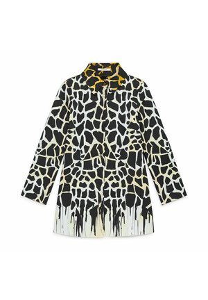 Giraffe-patterned coat in black, white, and yellow with a collar, long sleeves, and an adjustable tie waist. Smooth fabric with abstract dripping design.