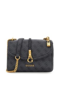 Czarna syntetyczna torebka z złotą łańcuszkową rączką na ramię, wytłaczanym wzorem logo, zapięciem na klamrę z przodu oraz detalem logo "GUESS".
