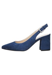 Blauer Wildleder Slingback-Pumps mit spitzer Zehenform, breitem Blockabsatz und verstellbarem Schnallenriemen. Glatte Textur und minimalistischem Design.