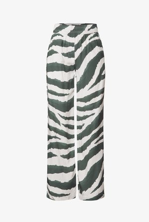 Szerokie spodnie z lekkiego materiału, z zielono-białym wzorem w paski zebry. Elastyczny pasek w talii zapewniający luźny krój.