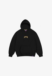 Sudadera negra de mezcla de algodón, con un bolsillo tipo canguro en la parte delantera y un logo impreso en dorado. Diseñada con una capucha ajustable mediante cordones y puños acanalados.