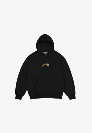 Black hoodie made of cotton blend, featuring a front kangaroo pocket and a printed logo in gold. Designed with a drawstring hood and ribbed cuffs.