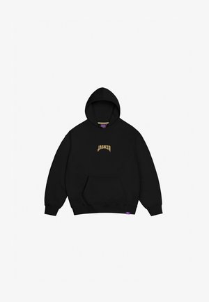 Black hoodie made of cotton blend, featuring a front kangaroo pocket and a printed logo in gold. Designed with a drawstring hood and ribbed cuffs.