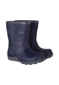Bottes en caoutchouc bleu marine avec un design ondulé, une surface texturée et des accents gris. Dispose d'une semelle épaisse et texturée pour une meilleure adhérence.