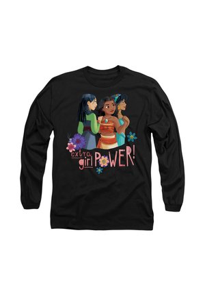 Black long-sleeve shirt featuring three illustrated characters with the text "extra girl POWER!" in pink, surrounded by colorful flowers.