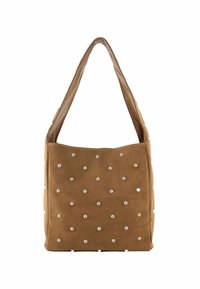 Borsa a tote in suede marrone dalla forma quadrata, dotata di una tracolla in pelle liscia e con dettagli decorativi in borchie bianche distribuite uniformemente sul davanti.