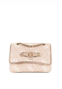 Borsa a tracolla in ecopelle rosa con motivo logo in rilievo, accessori in oro, tracolla a catena e chiusura a pattina. Presenta una forma rettangolare.