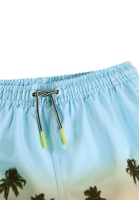 Gaiši zili peldkostīmi ar elastīgu jostu, aukla ar zaļiem galiem un melnā palmu koka raksts apakšā.