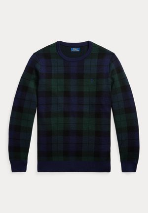 Pull à col rond à manches longues avec un motif écossais vert, marine et noir, des poignets et un ourlet côtelés, et un petit logo brodé sur la poitrine.