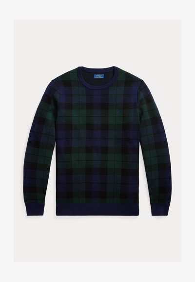 Pikend varrukatega crewneck särk, millel on rohelise, tumesinise ja musta ruuduline muster, soonikud varrukate otstes ja allääres ning väike tikitud logo rinnal.